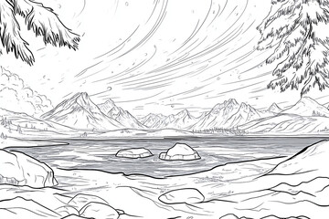 Fototapeta premium Coloring page of arctic landscape with aurora borealis, expertly enhanced sky phenomena and ice textures line art suitable for coloring book, clean black outlines on white.