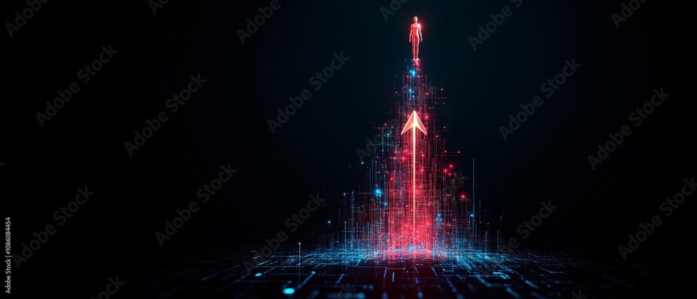 Poster computer generated image of a tall red and blue tower with a red arrow pointing upwards. the image h