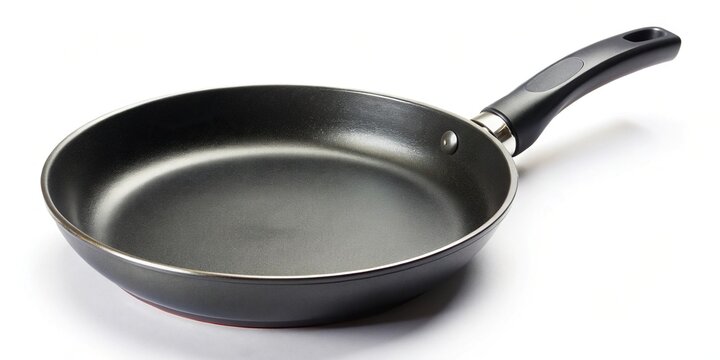 Black frying pan with non stick teflon coating isolated on white background