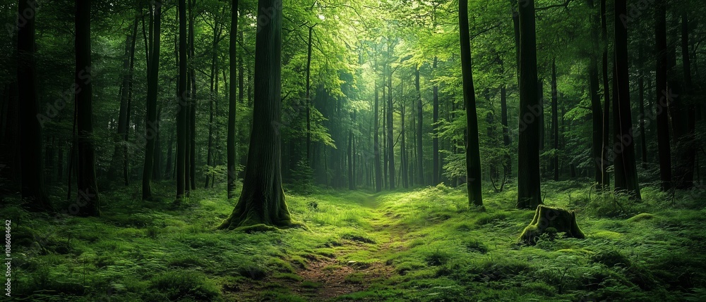 Poster forest with a path through it. the path is surrounded by trees and the grass is lush and green