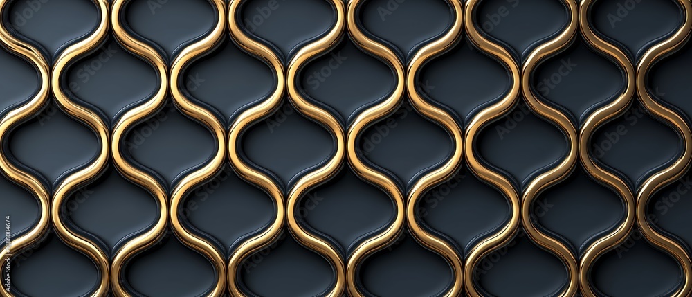 Poster gold and black design with a black background. the design is made up of various gold and black shape