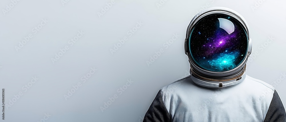 Poster man in a spacesuit is looking up at the sky. the image is a creative representation of space explora