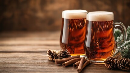 Fototapeta premium Warm Holiday Cheers: Beer Mugs with Cinnamon and Pinecones