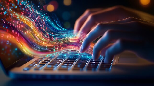 Person is typing on a laptop with a colorful, swirling background. Concept of creativity and innovation, as the person is likely working on a project or idea that requires a lot of thought