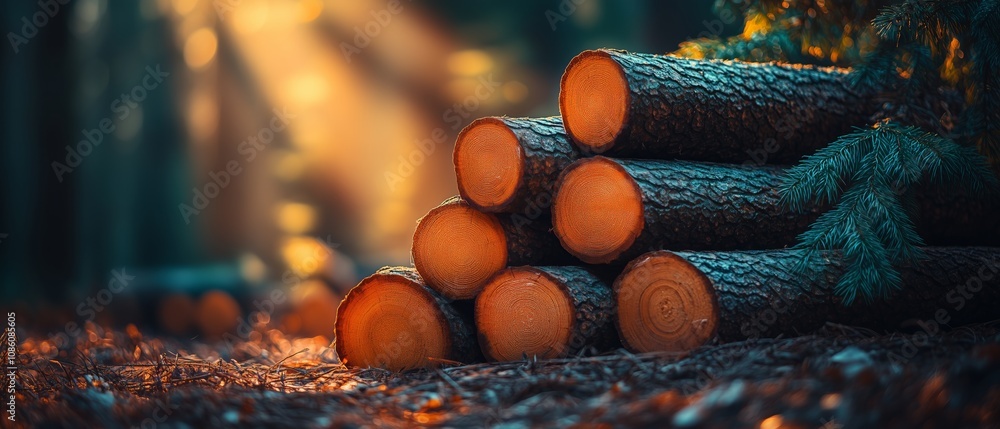 Poster stack of logs with a tree in the background. the image has a calm and tranquil atmosphere