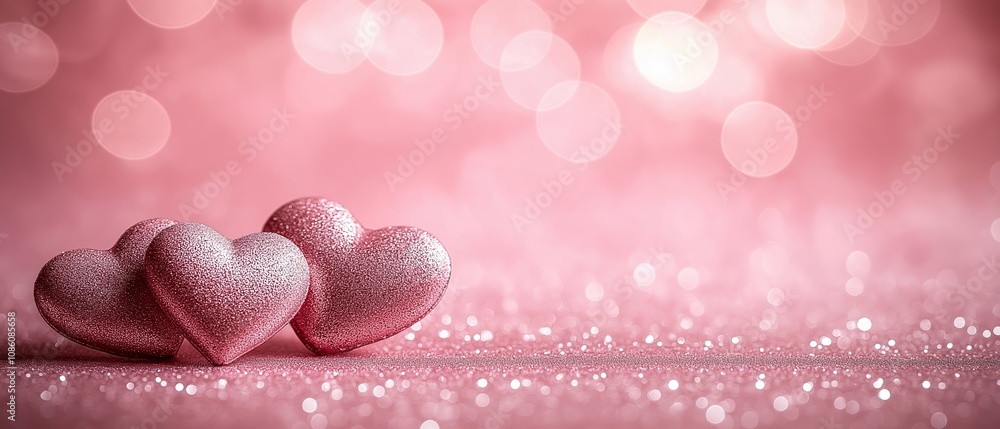 Poster pink background with three glittery hearts on it. the hearts are arranged in a row, with the middle 