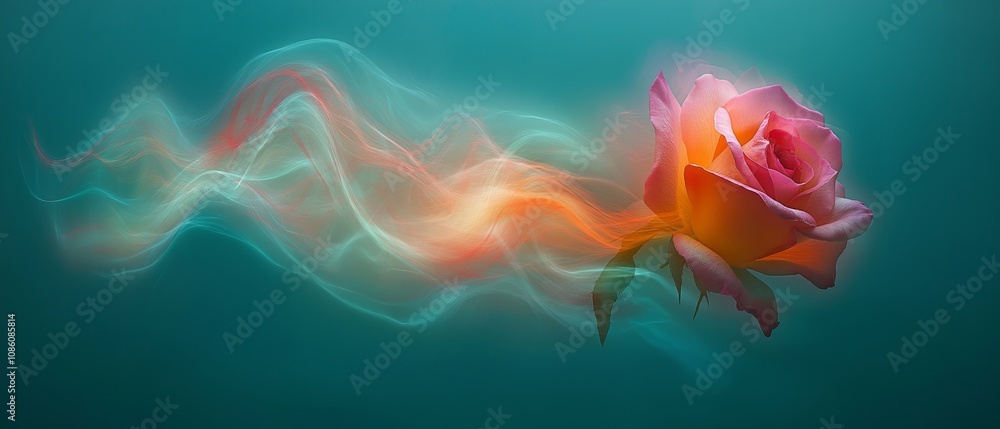 Poster rose is floating in a stream of colorful light. the light is swirling around the rose, creating a se