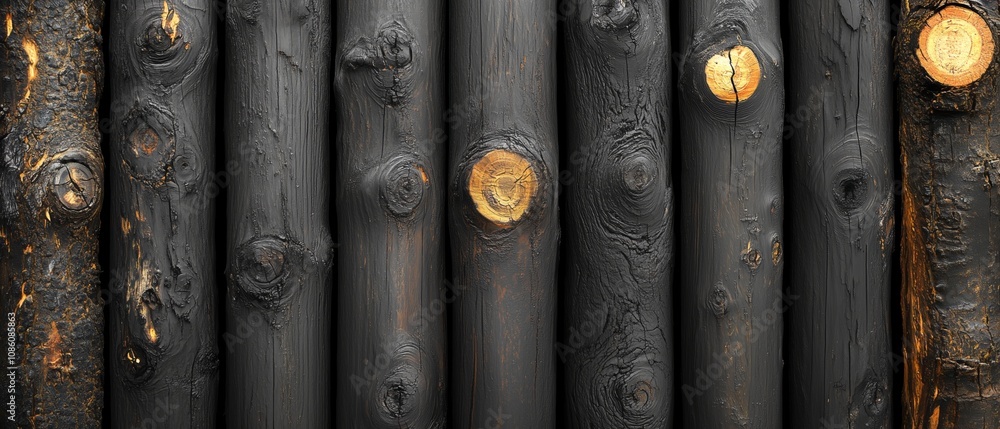 Poster row of black logs with some of them having holes in them. the logs are arranged in a way that they a