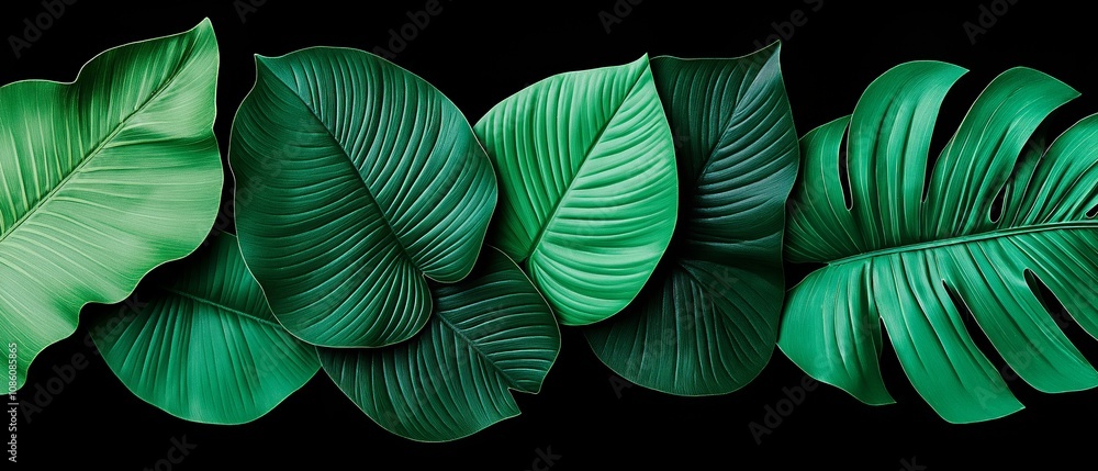 Aufkleber row of green leaves are arranged in a line. the leaves are all different sizes and shapes, but they 