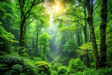 Close-Up view of enchanting forest with dense lush green trees