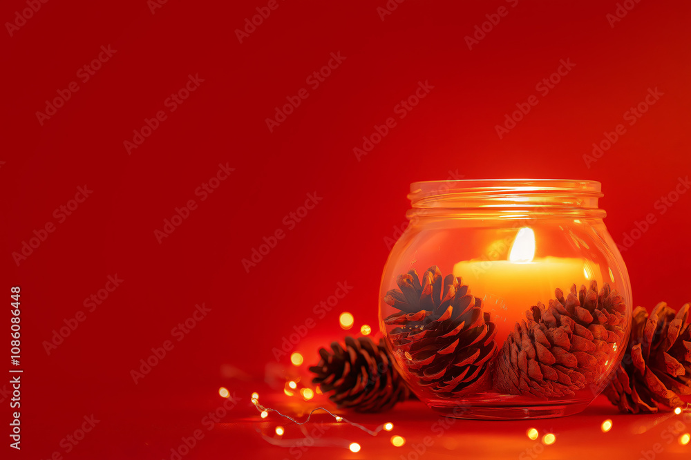 Poster christmas candle is burning in a jar with pine cones and lights on a red background creating a festi