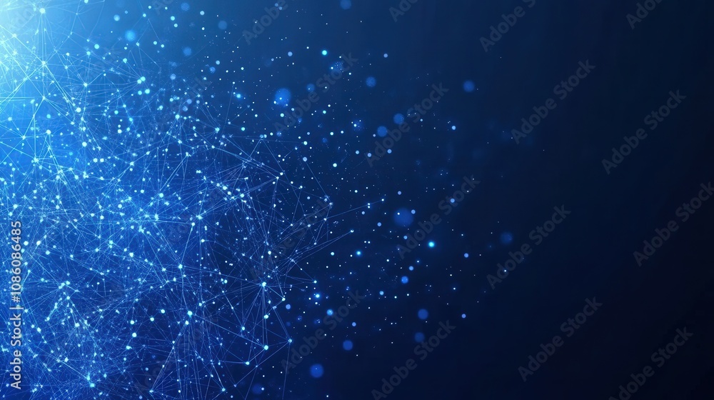 Poster abstract network with connected lines and glowing dots on a blue background
