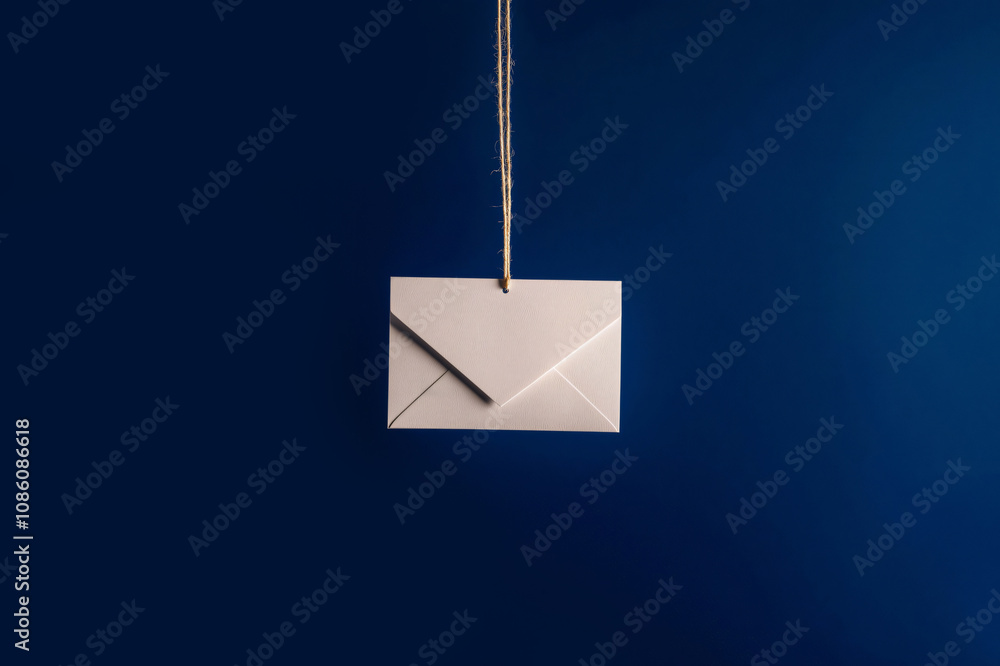 Poster white envelope is hanging from a string against a blue background, creating a simple yet elegant com