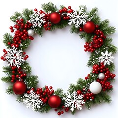Beautiful Christmas wreath decorated with red and white ornaments, snowy accents, and vibrant greenery for festive holiday celebrations and cozy winter ambiance