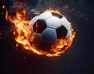 Fototapeta premium Dynamic Soccer Ball Surrounded by Intense Flames Creating an Electrifying Visual Effect for Sports Illustrations and Engaging Marketing Backgrounds