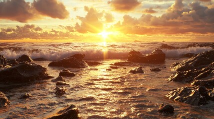 Majestic 3D Render: Cambrian Sunset Ocean Scene with Dramatic Waves and Ancient Sea Creatures