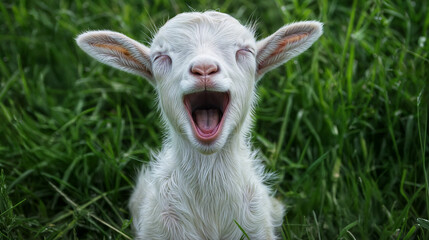 Obraz premium Adorable Baby Goat Laughing in Green Grass on a Sunny Day
