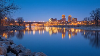 Fototapeta premium City skyline reflected in calm river at twilight.