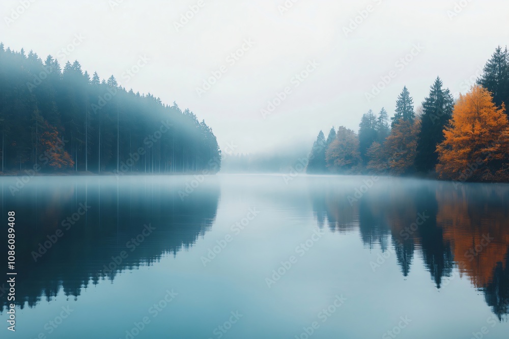 Poster thin layer of fog is hovering over a serene lake reflecting the surrounding autumn forest