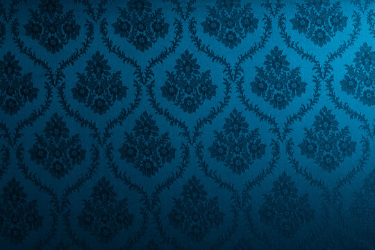 Fototapeta Closeup of blue victorian vintage textured textile wall