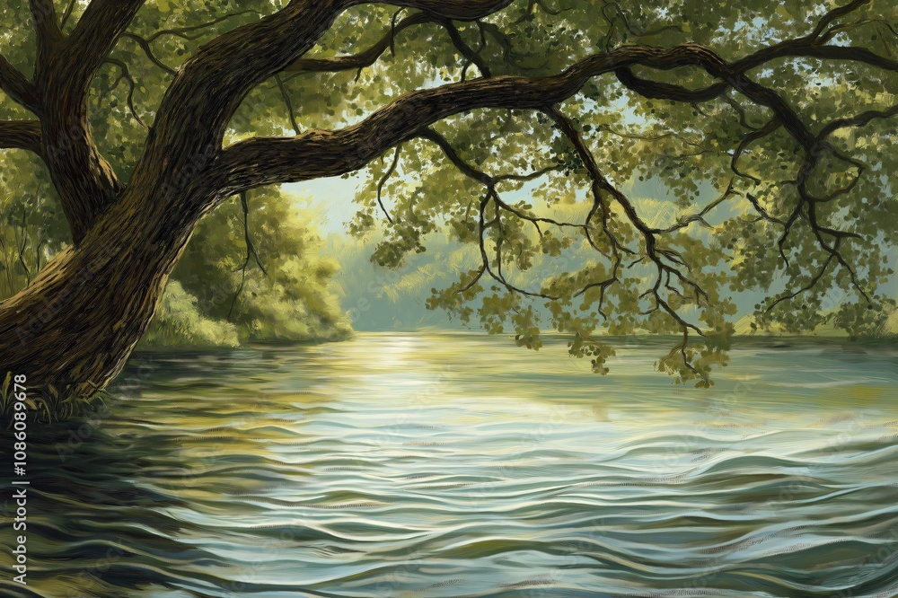 Poster sunlight is reflecting on the surface of a river flowing through a forest, with a large tree in the 