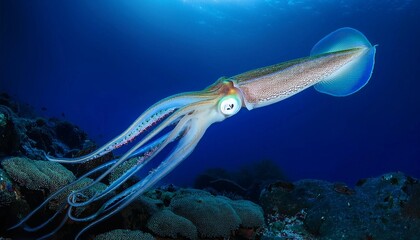 Underwater giant squid in the deep blue sea