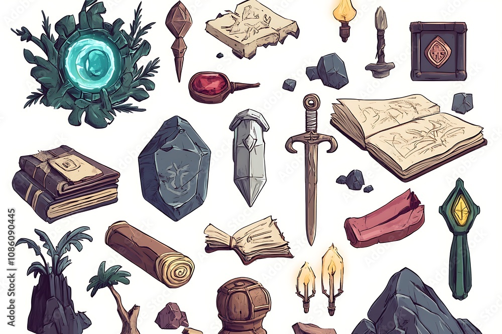 Poster fantasy game assets, magical items and objects