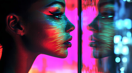 Neon noir reflection: a woman's face glowing in neon hues, reflecting a city's vibrant yet sinister underbelly, capturing the duality of urban life. Neon Noir. Illustration