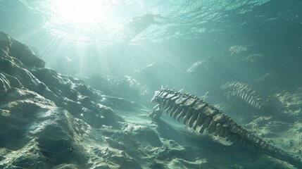 Intricate 3D Render of Cambrian Underwater Ecosystem with Anomalocaridids and Agnatha Among Rocky Outcrops and Algae Drifts