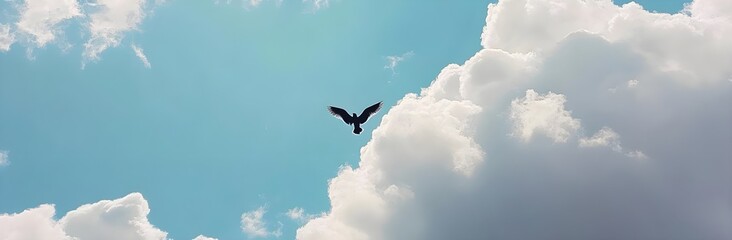 Majestic Bird in Mid-Flight Against a Beautiful Sky with Soft Clouds and Vibrant Blue Background, Capturing the Essence of Freedom and Nature's Wonders