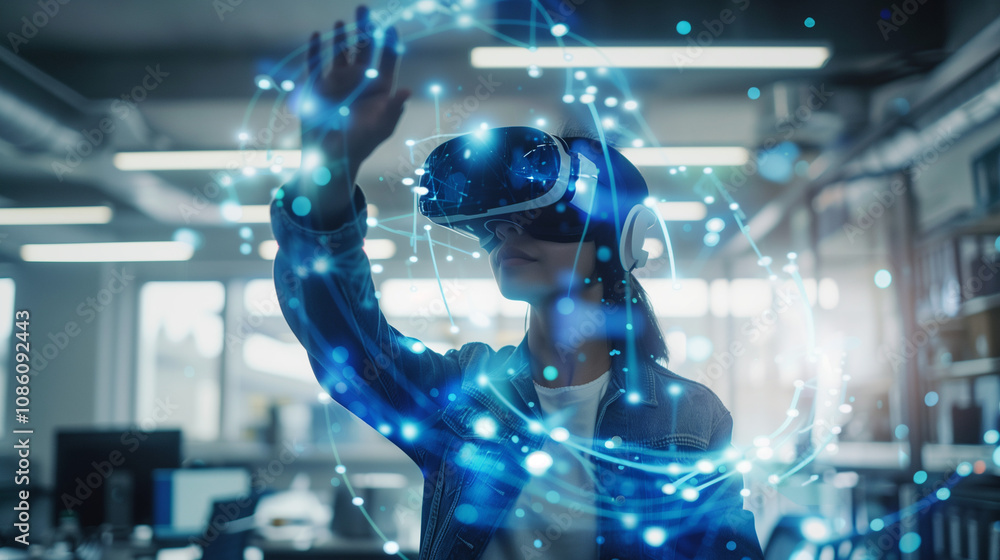 Wall mural school student with vr headset using ai artificial intelligence technology & machine learning.intera