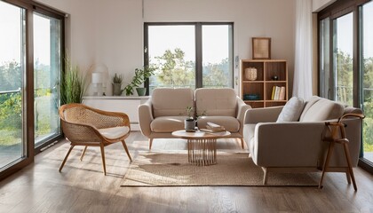 Home living room interior with sofa and armchairs, shelf and panoramic window