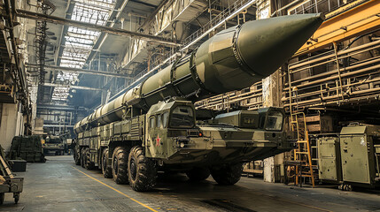 Advanced Russian arms manufacturing facility showcasing missile production and delivery vehicles indoors
