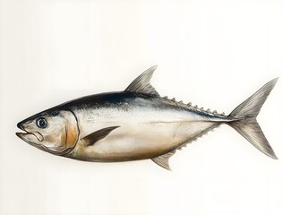 Naklejka premium Realistic illustration of a bluefin tuna showcasing detailed features, vibrant colors, and anatomical structure suitable for educational materials or culinary presentations.