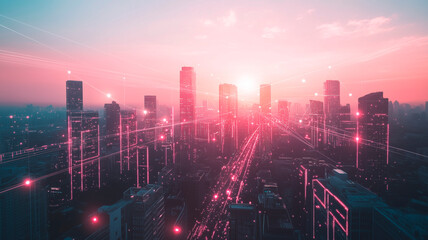 Fototapeta premium Smart city connectivity with digital networks in Dawn.