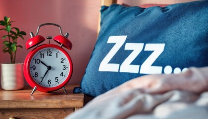 A cozy bedroom scene with a vibrant red alarm clock beside a blue pillow bearing the letters 'ZZZ' suggests a sleepy morning ambiance.