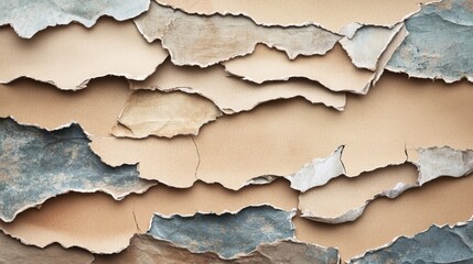 Fototapeta premium Close-up of torn paper layers creating an abstract, textured background in hues of beige and blue.