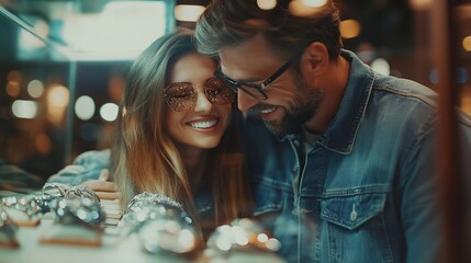 Happy couple looking at jewelry display at night. © milenialdesastudio