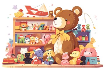 A colorful toy store filled with teddy bears, balloons, and various toys enticing visitors during a sunny day at the town square