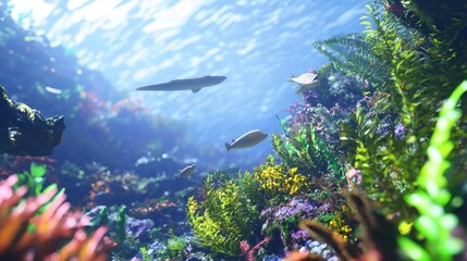Fototapeta premium Prehistoric Marine Life: Cambrian Ocean Floor 3D Render with Predators, Prey, and Colorful Flora