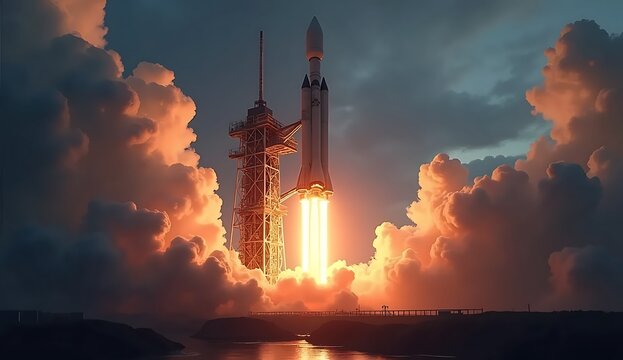 Spectacular Rocket Launch Amidst Dramatic Sunset Clouds. - Powered by Adobe