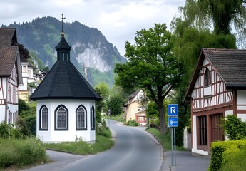 Charming Rural Scene Featuring Small Chapel Surrounded by Lush Greenery and Quaint Architecture in a Scenic Village with Dramatic Mountain Backdrop