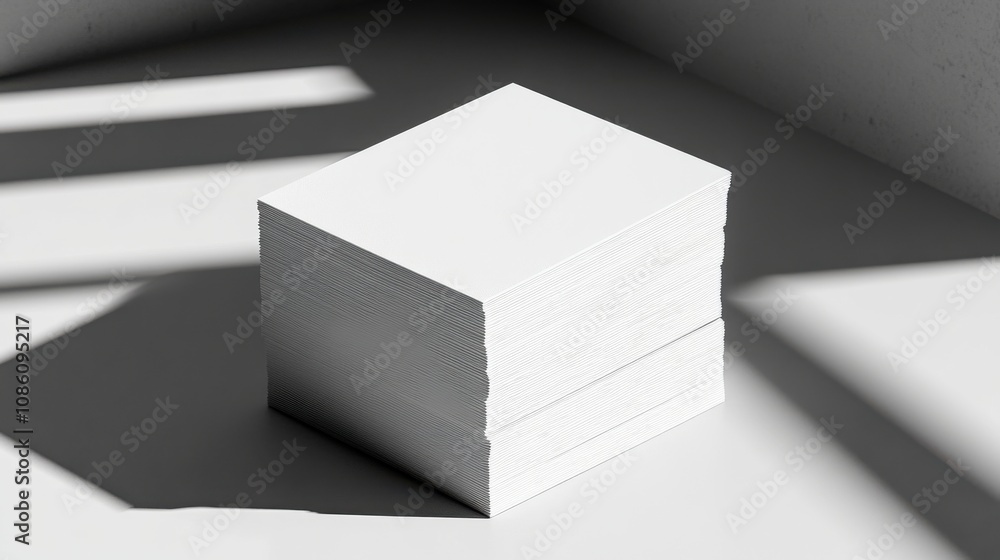 Poster a stack of blank, white paper sheets bathed in soft shadows, creating a minimalist aesthetic.