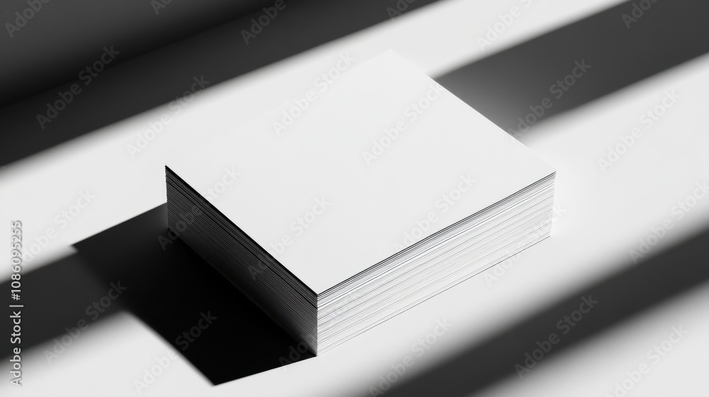 Poster a stack of blank white paper casting soft shadows, creating a minimalist and tranquil atmosphere.