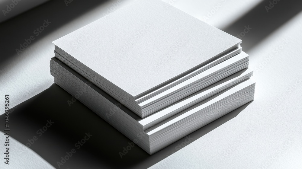 Poster a stack of pristine white paper sheets illuminated by soft, natural light, creating subtle shadows.