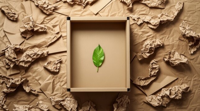A single green leaf rests in a tan box surrounded by crumpled brown paper, symbolizing nature and sustainability.