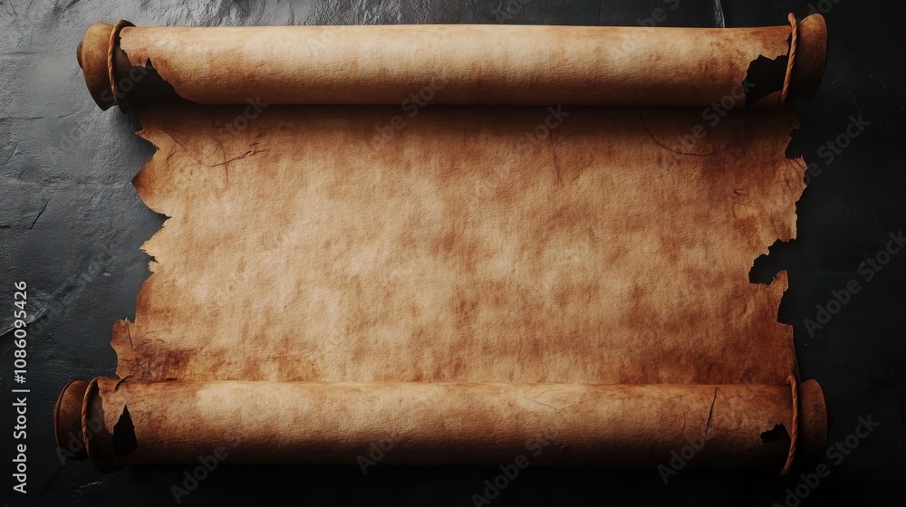 Poster ancient, weathered parchment scroll on a dark surface creating a historical and mysterious atmospher