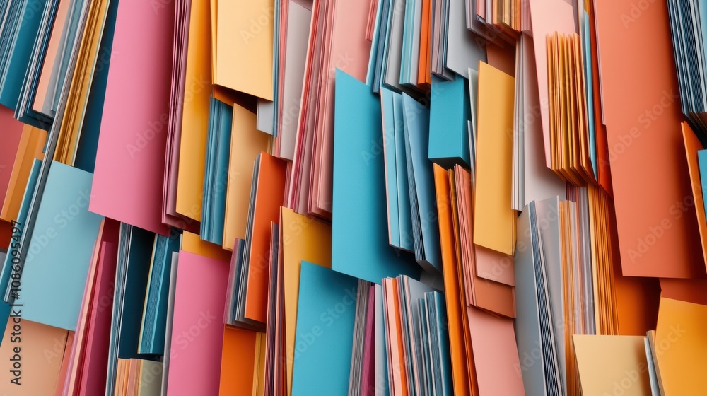 Poster a vibrant collage of colorful paper sheets arranged in a dynamic pattern, showcasing various hues an