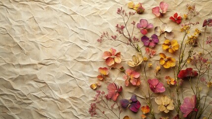 Beautiful arrangement of pressed flowers on textured paper, showcasing vibrant colors and delicate shapes.