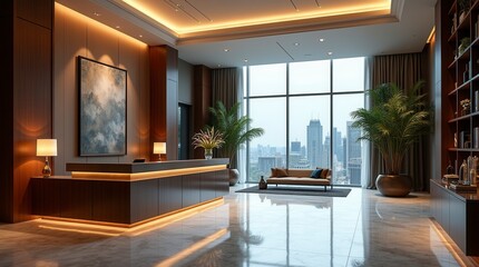 Stylish Hotel Lobby Interior with Reception Desk and Panoramic Windows Modern Hospitality Design